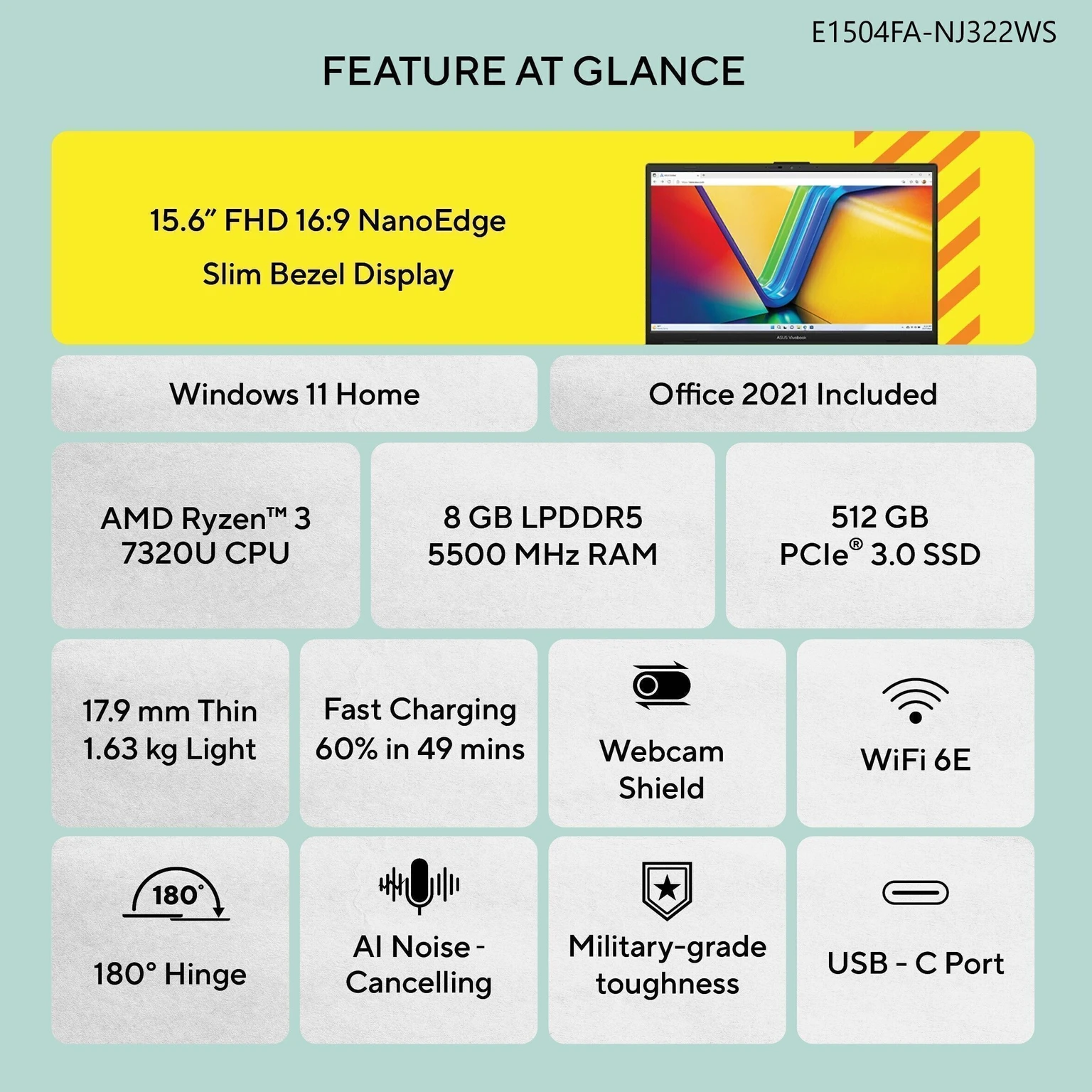 ASUS Vivobook Go 15 AMD Ryzen 3 Quad Core 7320U - (8 GB/512 GB SSD/Windows 11 Home) E1504FA-NJ322WS Thin and Light Laptop (15.6 Inch, Black, 1.63 Kg, With MS Office)