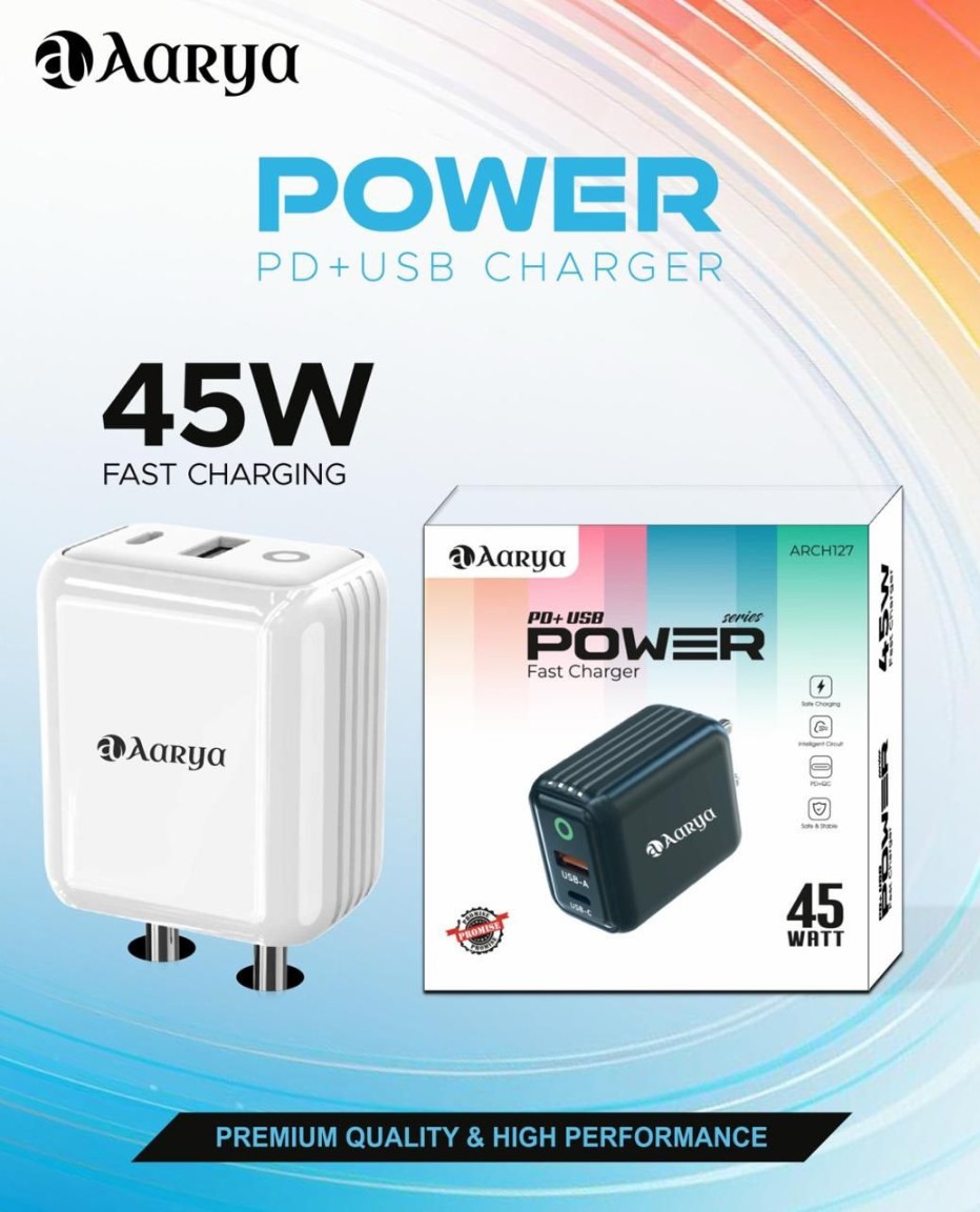 AARYA ARCH-127 POWER PD+USB 45W FAST CHARGER Black