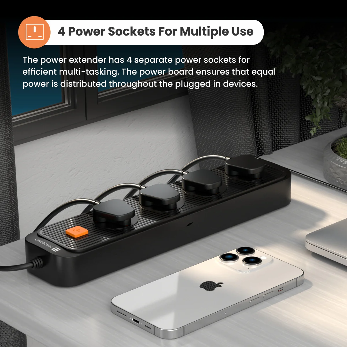 Portronics Power Plate 12 Multi Plug 1500W 4  Socket Extension Boards (Black, 2 m)